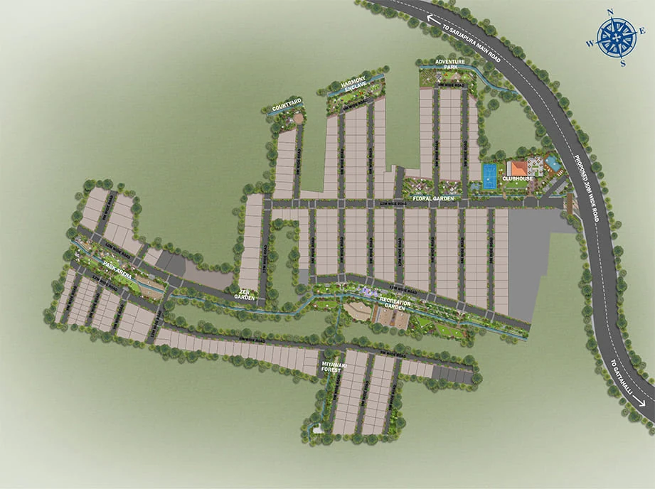 Layout plan of Adarsh Garden Estate (Phase 1), opposite Adarsh Gattahalli, with themed gardens and a clubhouse